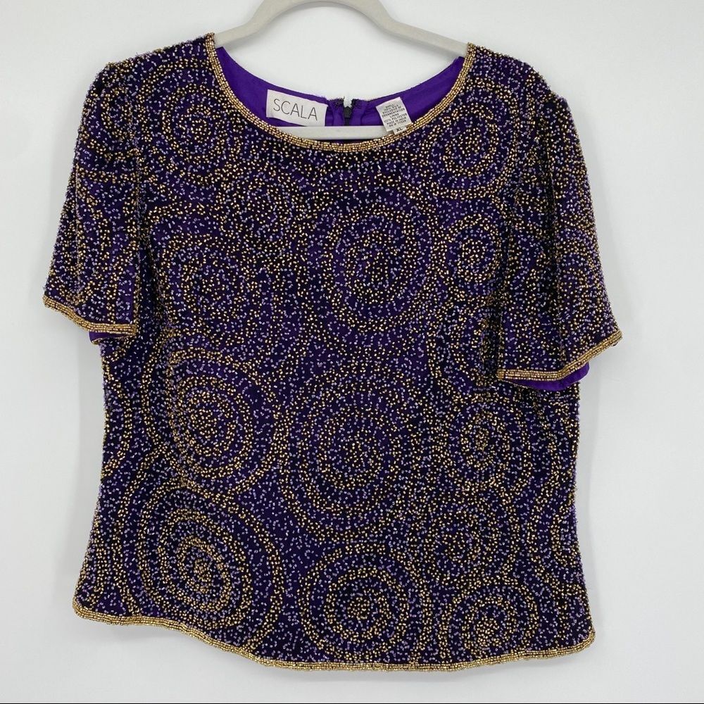 Scalia Sequin Top Shirt Blouse Beaded Silk Size XL